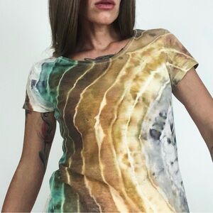 High-Low V-Neck Burn-out Woven Short Sleeve Tee | Size XS